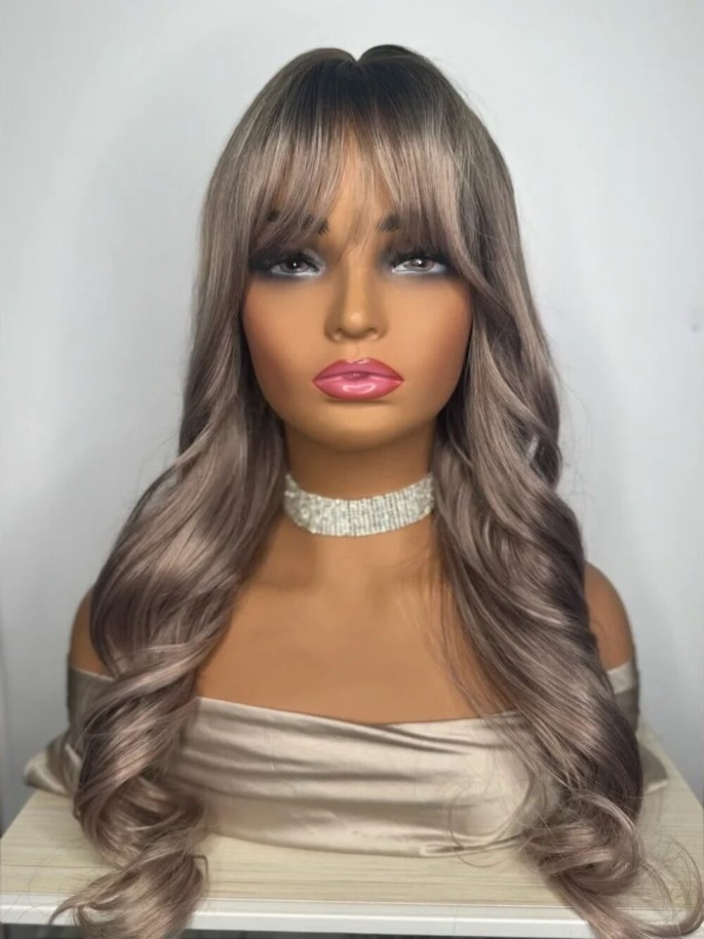 26” Long Wavy Synthetic Wig with Bangs – Ash Brown / Smoky Blonde Blend - Picture 9 of 13